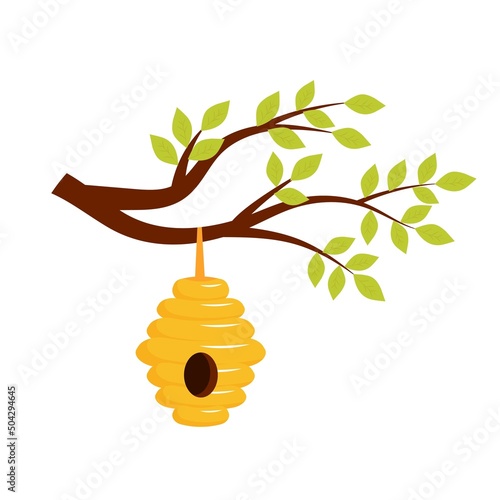 Bee hive hanging on a tree branch with leaves in cartoon style.