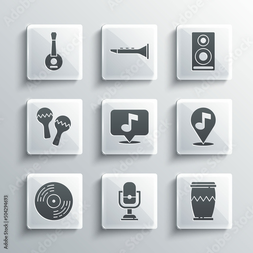 Set Microphone  Drum  Location musical note  Musical  Vinyl disk  Maracas  Banjo and Stereo speaker icon. Vector
