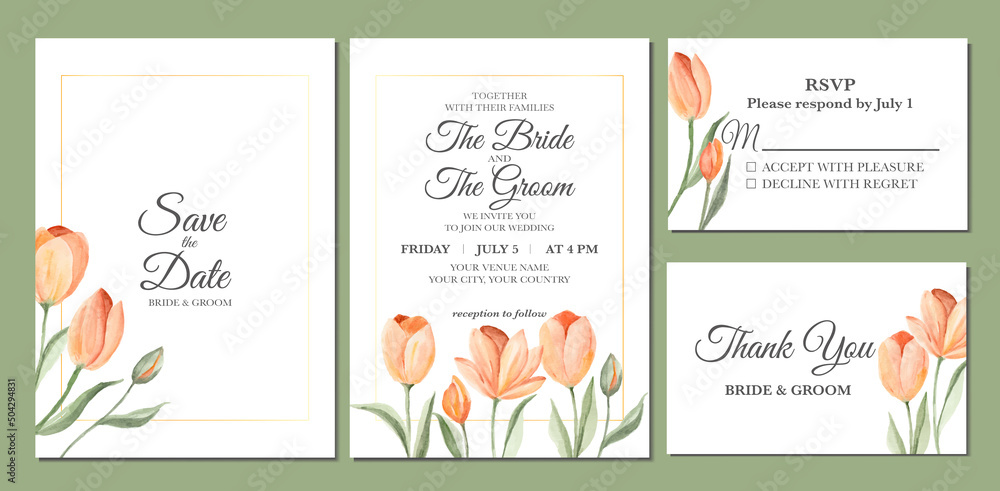 Hand painted of tulip flower watercolor as wedding invitation.
