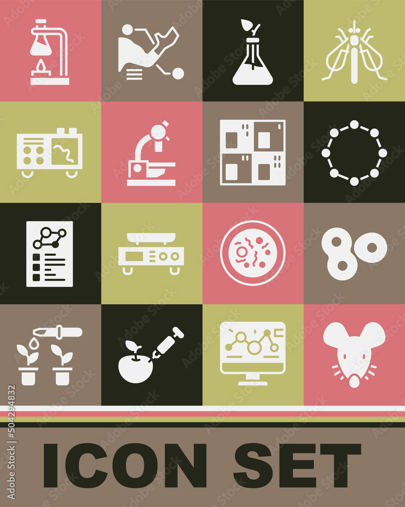 Set Experimental mouse, Cell division, Chemical formula, Plant breeding, Microscope, Spectrometer, Test tube flask fire and Periodic table icon. Vector Set Experimental mouse, Cell division, Chemical formula, Plant breeding, Microscope, Spectrometer, Test tube flask fire and Periodic table icon. Vector