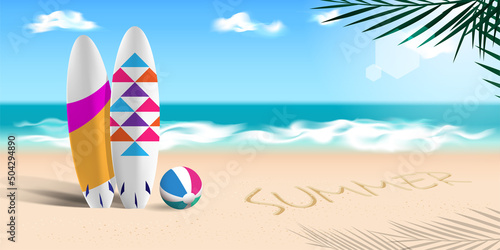 Summer background illustration with surfboard by the sea