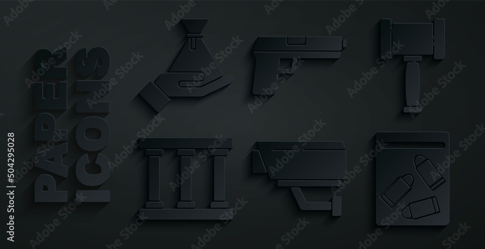 Set Security camera, Judge gavel, Prison window, Evidence bag and bullet, Pistol or gun and Bribe money icon. Vector Set Security camera, Judge gavel, Prison window, Evidence bag and bullet, Pistol or gun and Bribe money icon. Vector