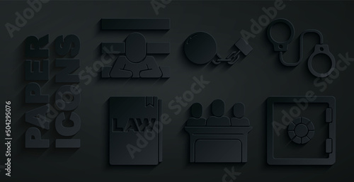Set Jurors, Handcuffs, Law book, Safe, Ball on chain and Prisoner icon. Vector