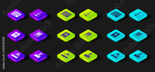 Set Cruise ship, Captain of, Passport, ticket, Anchor and Calendar icon. Vector