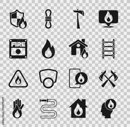 Photo Set Firefighter, axe, escape, flame, alarm system, protection shield and in burning house icon