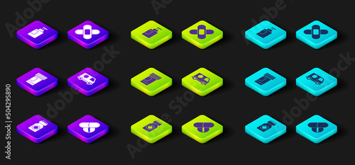 Set Medicine bottle and pills, or tablet, Emergency car, Crossed bandage plaster and Hand sanitizer icon. Vector