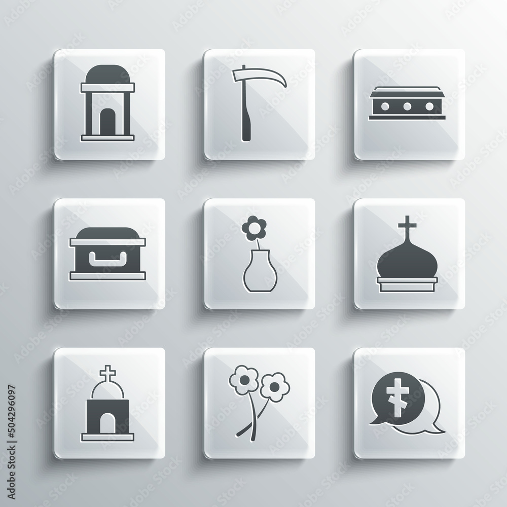 Set Flower, Grave with cross, Church tower, in vase, Old crypt, Coffin, and icon. Vector Set Flower, Grave with cross, Church tower, in vase, Old crypt, Coffin, and icon. Vector