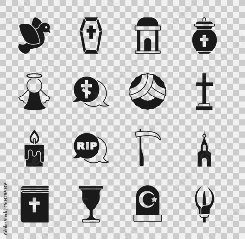 Set Lily flower, Church building, Grave with cross, Old crypt, Angel, Dove and Memorial wreath icon. Vector