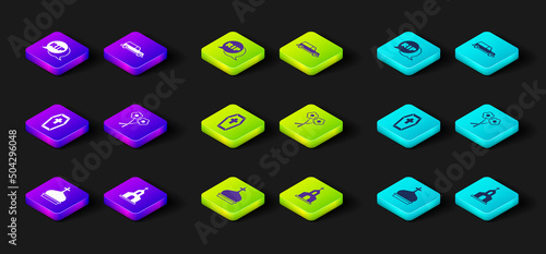 Set Church tower, building, Coffin with cross, Flower, Hearse car and Speech bubble rip death icon. Vector
