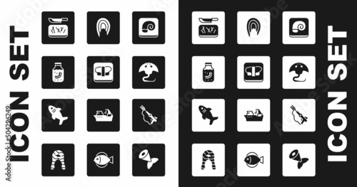 Set Octopus on a plate, Sushi cutting board, Sea cucumber jar, Cutting and knife, Stingray, Fish steak, Fishing harpoon and Shark icon. Vector