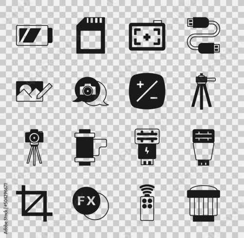 Set Camera photo lens, Photo camera flash, Tripod, retouching, Battery for and Exposure compensation icon. Vector