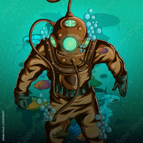 diver into the deep sea vector illustration