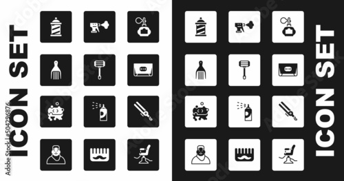 Set Aftershave, Shaving razor, Barrette, Barber shop pole, Blade, Hairdresser pistol spray bottle, Curling iron and of soap with foam icon. Vector