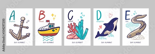Set of postcards with letters of alphabet, marine symbols isolated on white. Collection of posters with letters, dolphin, a ship, an anchor for studying letters, nursery decor. Vector illustration