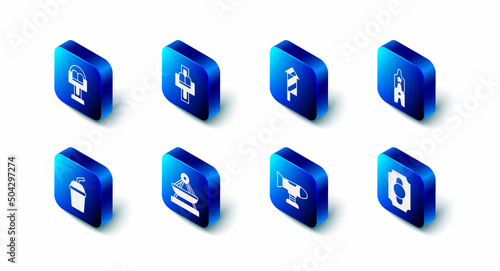 Set Attraction carousel, Firework rocket, Circus ticket, Swing plane, Boat swing, Paper glass with water and icon. Vector