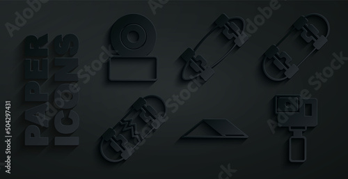 Set Skate park, Skateboard, Broken skateboard, Action camera, Longboard or and wheel icon. Vector