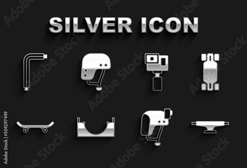 Set Skate park, Longboard or skateboard, Skateboard wheel, helmet, Action camera, Tool allen keys and icon. Vector