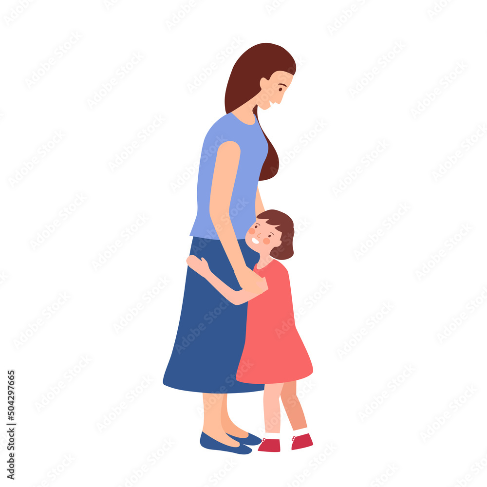 Daughter hugging her mother in flat design on white background. Best mom ever. Daughter hugging her mother in flat design on white background. Best mom ever.