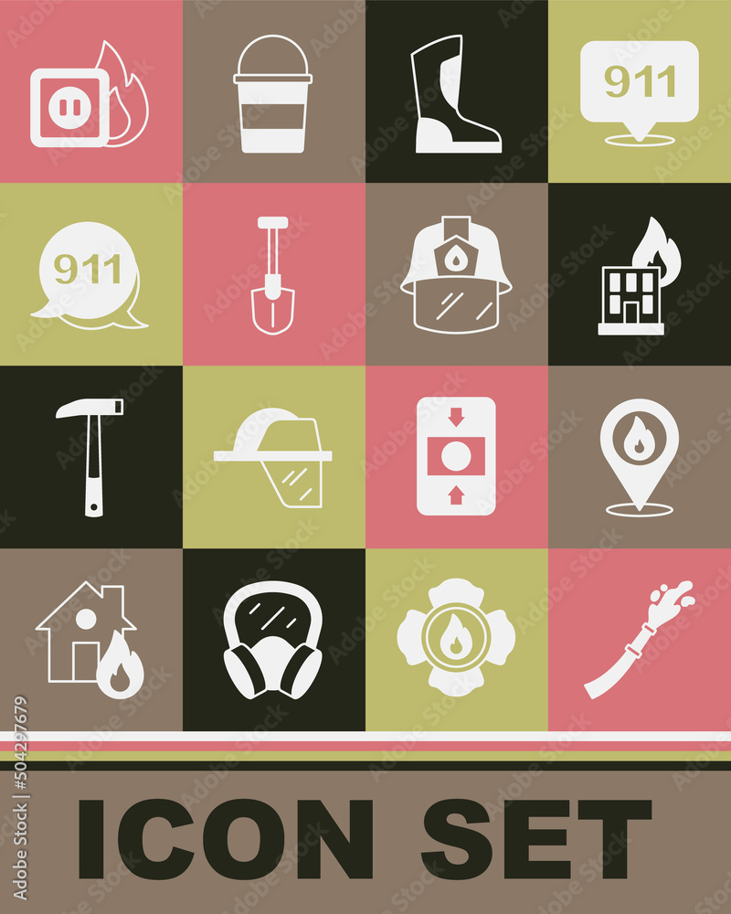 Set Fire hose reel, Location with fire flame, in burning building, boots, shovel, Emergency call 911, Electric wiring of socket and Firefighter helmet icon. Vector Set Fire hose reel, Location with fire flame, in burning building, boots, shovel, Emergency call 911, Electric wiring of socket and Firefighter helmet icon. Vector