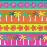 Colorful hibiscus and palm tree seamless pattern with striped background for summer holidays concept.
