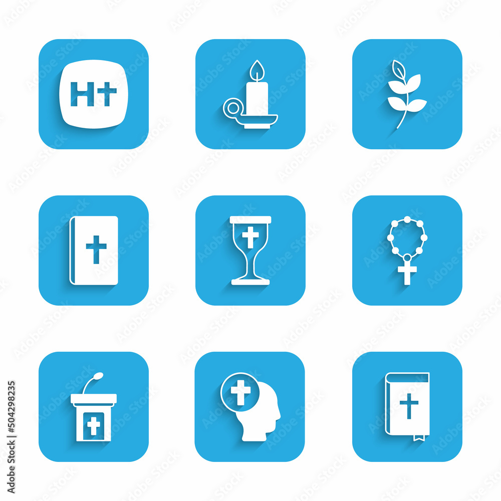 Set Christian chalice, Priest, Holy bible book, Rosary beads religion, Church sermon tribune, Willow leaf and cross icon. Vector Set Christian chalice, Priest, Holy bible book, Rosary beads religion, Church sermon tribune, Willow leaf and cross icon. Vector