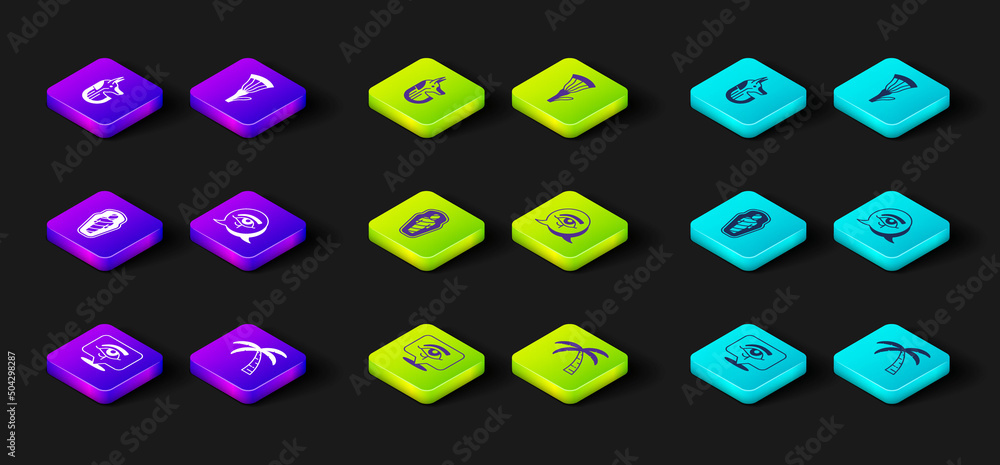 Set Eye of Horus, Tropical palm tree, Egypt mummy in sarcophagus, Egyptian lotus and anubis icon. Vector Set Eye of Horus, Tropical palm tree, Egypt mummy in sarcophagus, Egyptian lotus and anubis icon. Vector
