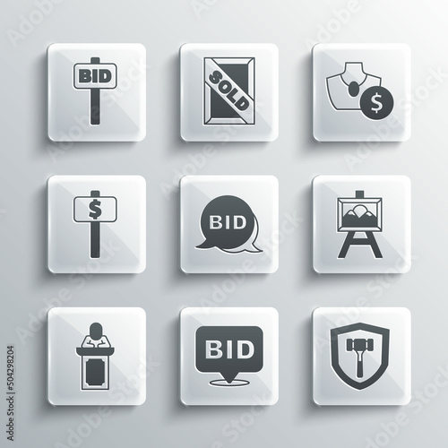 Set Bid, Auction hammer, painting, auctioneer sells, Hand holding paddle, and jewelry sale icon. Vector