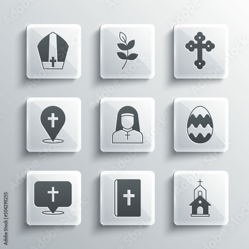 Set Holy bible book  Church building  Easter egg  Nun  Location church  Pope hat and Christian cross icon. Vector