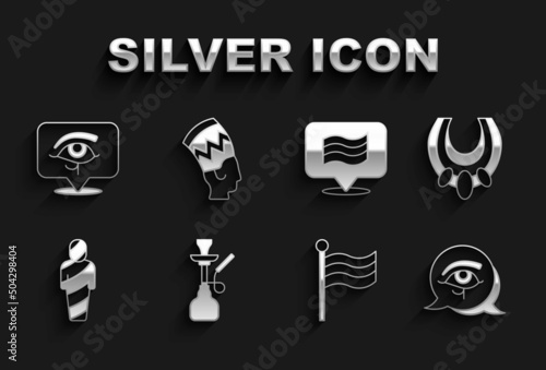 Set Hookah, Egyptian necklace, Eye of Horus, Flag Of, mummy, and Nefertiti icon. Vector