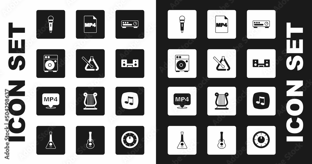 Set Sound mixer controller, Triangle musical instrument, Guitar amplifier, Microphone, Home stereo with two speakers, MP4 file document, Music note, tone and icon. Vector Set Sound mixer controller, Triangle musical instrument, Guitar amplifier, Microphone, Home stereo with two speakers, MP4 file document, Music note, tone and icon. Vector