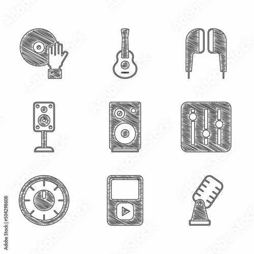 Set Stereo speaker, Music player, Microphone, Sound mixer controller, Air headphones and DJ playing music icon. Vector