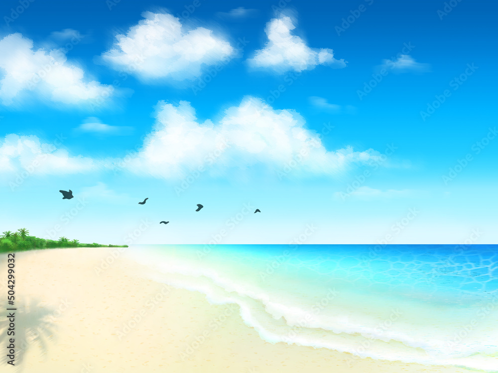 海背景ー青い空と白い雲と紺碧の浜辺