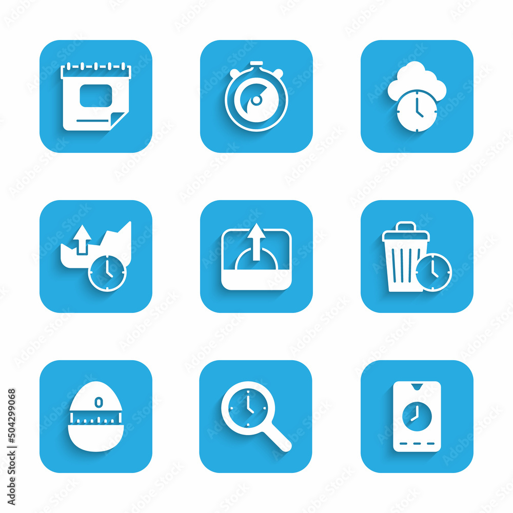 Set Sunrise, Magnifying glass with clock, Alarm app mobile, Waste of time, Kitchen timer, Stocks market growth graphs, Clock and Calendar icon. Vector Set Sunrise, Magnifying glass with clock, Alarm app mobile, Waste of time, Kitchen timer, Stocks market growth graphs, Clock and Calendar icon. Vector