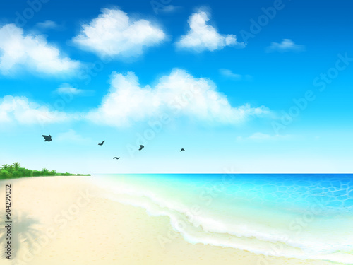 Fototapeta Naklejka Na Ścianę i Meble -  海背景ー青い空と白い雲と紺碧の浜辺