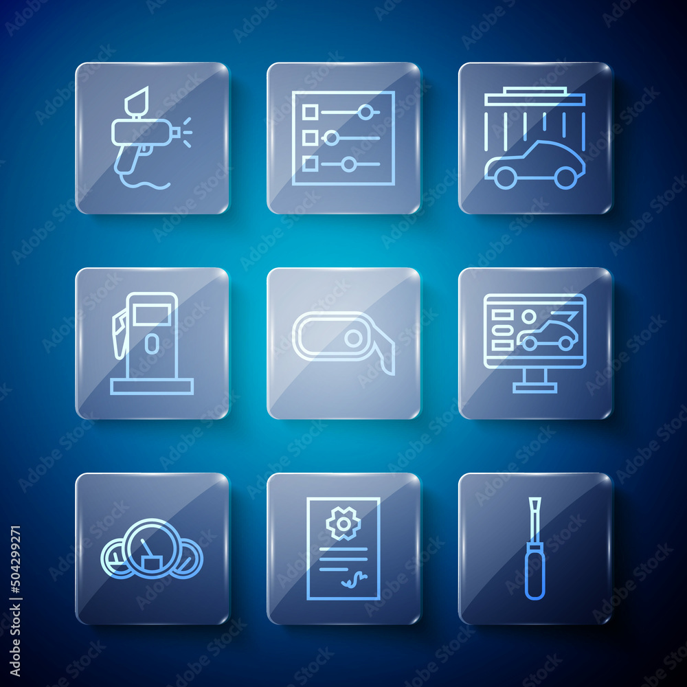Set line Speedometer, Auto service check automotive, Screwdriver, Car wash, rearview mirror, Petrol Gas station, Paint spray gun and Diagnostics condition of car icon. Vector Set line Speedometer, Auto service check automotive, Screwdriver, Car wash, rearview mirror, Petrol Gas station, Paint spray gun and Diagnostics condition of car icon. Vector