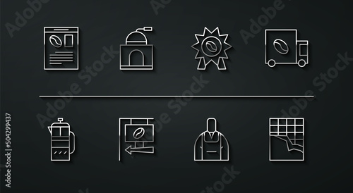 Set line Newspaper and coffee, French press, Coffee street truck machine, Barista, Street signboard, Manual grinder, Chocolate bar and Medal for icon. Vector