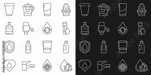Set line Recycle clean aqua, Bottle of water, Test tube with drop, Glass, Mechanical pump for, Big bottle, Water filter cartridge and icon. Vector
