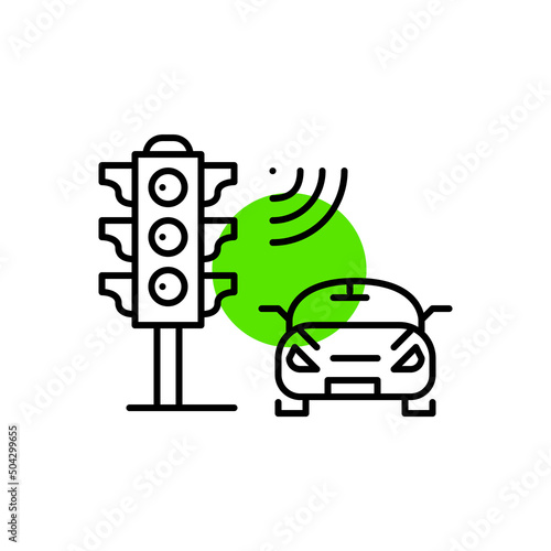 Smart traffic control system. Traffic light equipped with sensors. Internet of things futuristic technology. Pixel perfect, editable stroke line icon