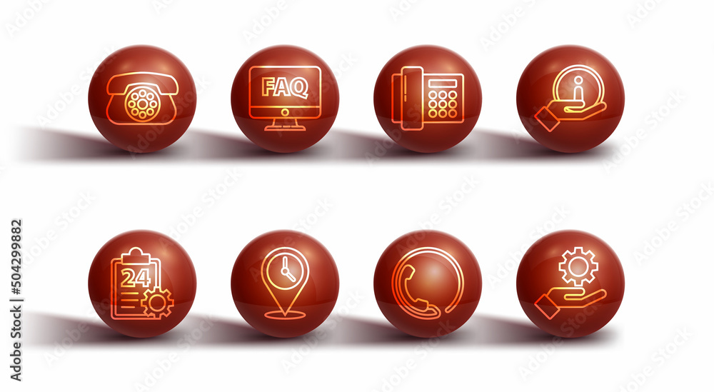 Set line Telephone, Checklist with 24 hours service, Information, support, Location clock, Computer monitor and FAQ, Settings in the hand and icon. Vector Set line Telephone, Checklist with 24 hours service, Information, support, Location clock, Computer monitor and FAQ, Settings in the hand and icon. Vector