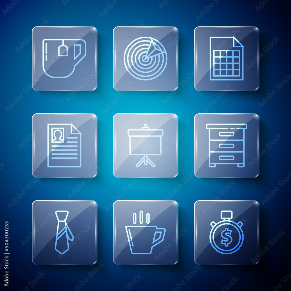 Set line Tie, Coffee cup, Time is money, File document, Chalkboard with diagram, Resume, Cup tea tea bag and Drawer documents icon. Vector Set line Tie, Coffee cup, Time is money, File document, Chalkboard with diagram, Resume, Cup tea tea bag and Drawer documents icon. Vector