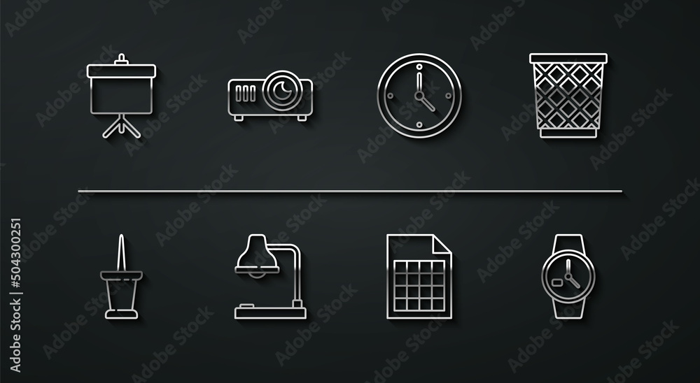 Set line Chalkboard with diagram, Push pin, Trash can, File document, Table lamp, Movie, film, media projector, Wrist watch and Clock icon. Vector Set line Chalkboard with diagram, Push pin, Trash can, File document, Table lamp, Movie, film, media projector, Wrist watch and Clock icon. Vector