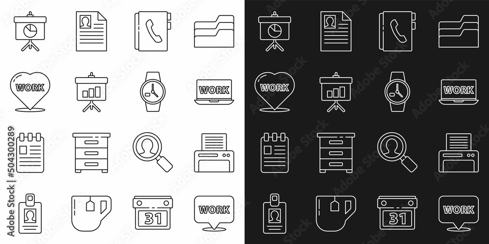 Set line Location with text work, Printer, Laptop, Address book, Chalkboard diagram, Heart, and Wrist watch icon. Vector