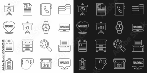 Set line Location with text work, Printer, Laptop, Address book, Chalkboard diagram, Heart, and Wrist watch icon. Vector