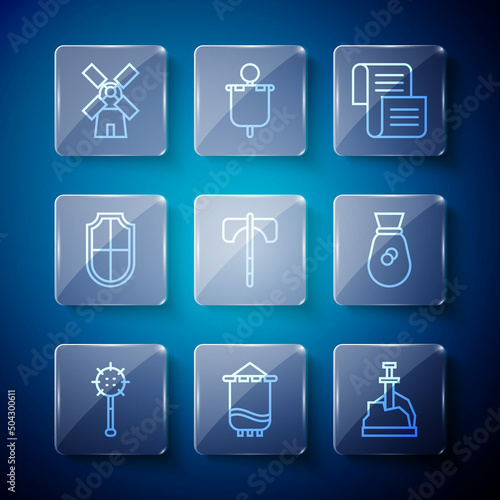 Set line Medieval chained mace ball, flag, Sword the stone, Decree, parchment, scroll, axe, Shield, Windmill and Old money bag icon. Vector