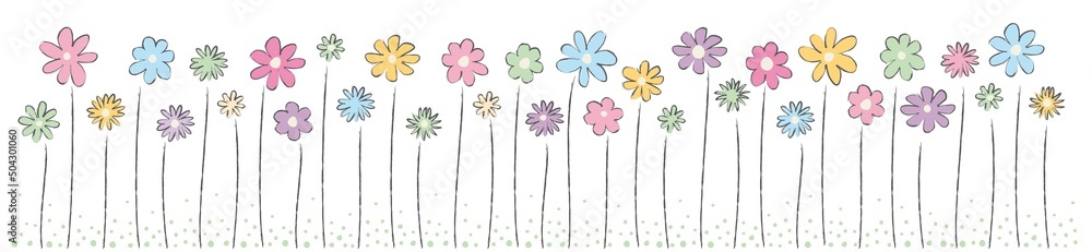 fröhliche und bunte Blumenwiese, hand gezeichnet für einladung Stock