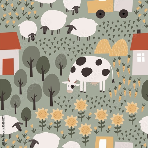 Cute Farm pets colorful collection. Hand drawn vector domestic animals set. Boho seamless pattern with three, house, horse, goose, cow, sheep, tractor, cars, vegetables. Village landscape