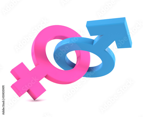 3d male and female icon symbol, on white background. Linked male and female symbol