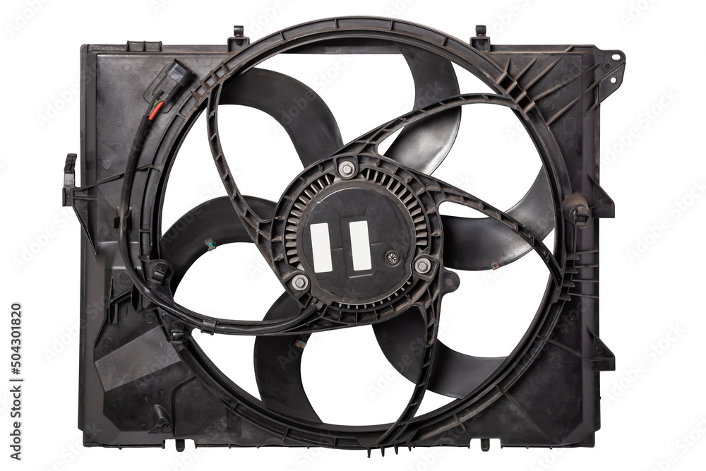 Car cooling fan with plastic blades radiator fan on white background. Car thermal clutch. Radiator fan cooling on white background Car cooling fan with plastic blades radiator fan on white background. Car thermal clutch. Radiator fan cooling on white background