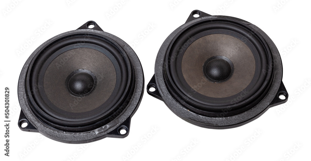 Two speakers of an acoustic system - an audio for playing music in a car interior on a white isolated background in a photo studio. Spare parts for auto repair in a workshop or for sale for tuning. Two speakers of an acoustic system - an audio for playing music in a car interior on a white isolated background in a photo studio. Spare parts for auto repair in a workshop or for sale for tuning.