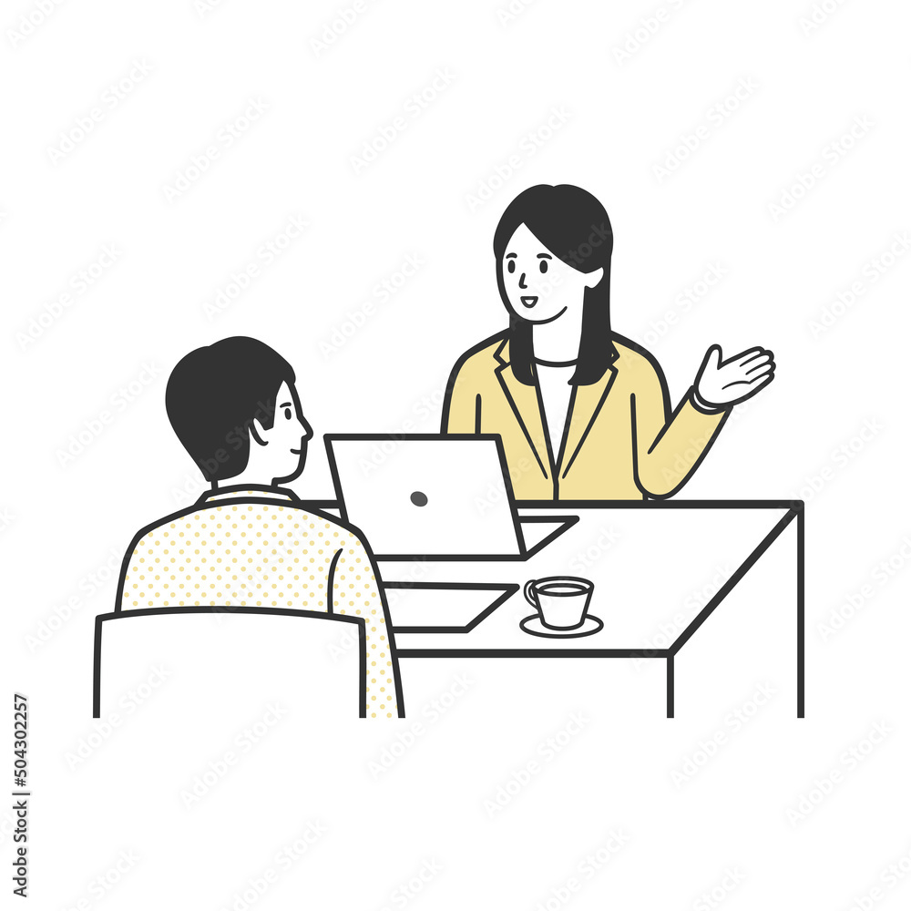 女性スタッフから説明を受ける男性 女性スタッフから説明を受ける男性